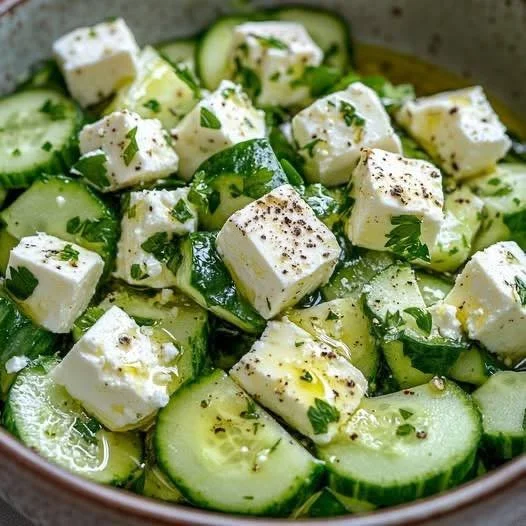 Insalata di cetrioli e feta con ingredienti freschi e colorati