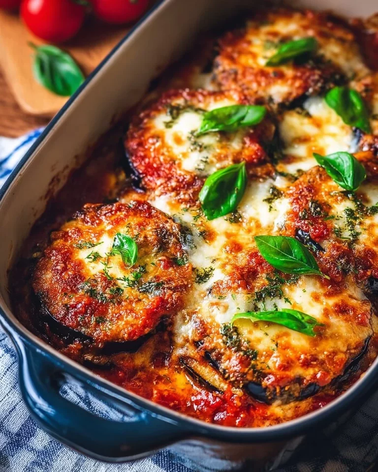 Piatto di Parmigiana di Melanzane con strati di melanzane, pomodoro e formaggio