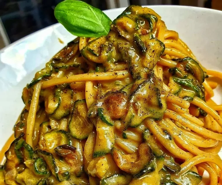 Piatto di spaghetti alla nerano con zucchine fresche e formaggio.