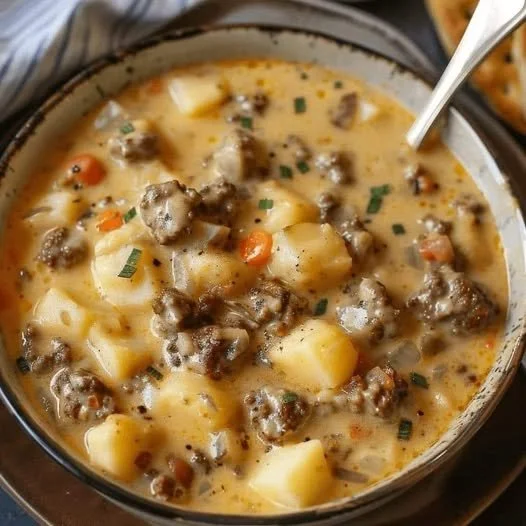 Zuppa di hamburger servita in una ciotola con ingredienti freschi