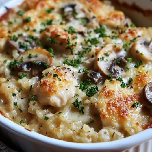 Gratin di riso con pollo e funghi, piatto rustico e invitante.