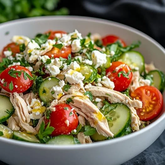 Insalata di pollo greca con ingredienti freschi e colorati
