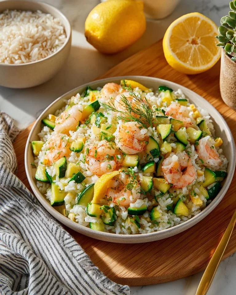 Insalata di riso con zucchine e gamberi servita in un piatto
