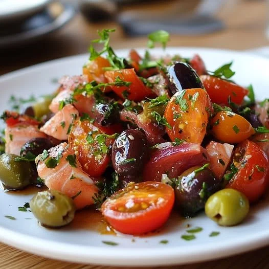 Insalata di Tonno Mediterranea con pomodori, olive e verdure fresche