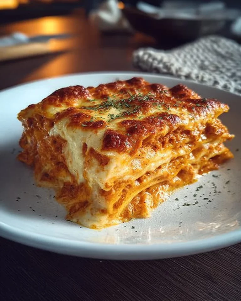 Deliziosa lasagna appena sfornata con strati di pasta, carne e formaggio