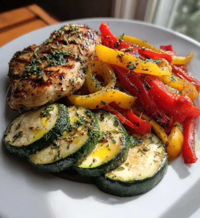 Pollo grigliato con verdure estive su un piatto colorato