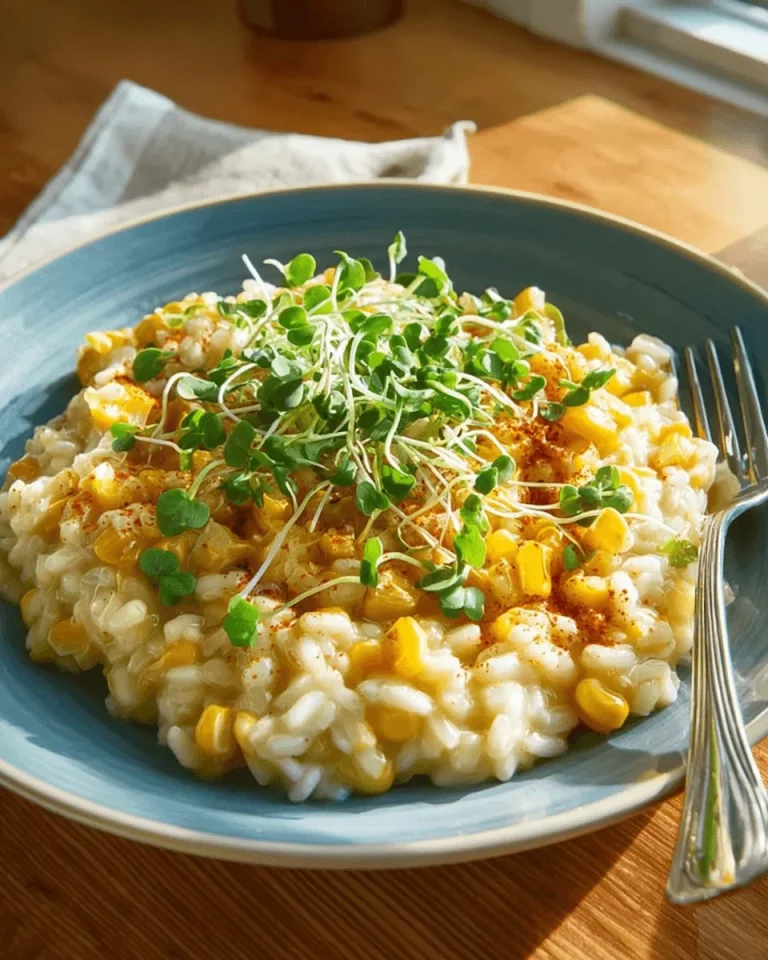 Piatto di risotto di mais dolce con ingredienti freschi e colorati.