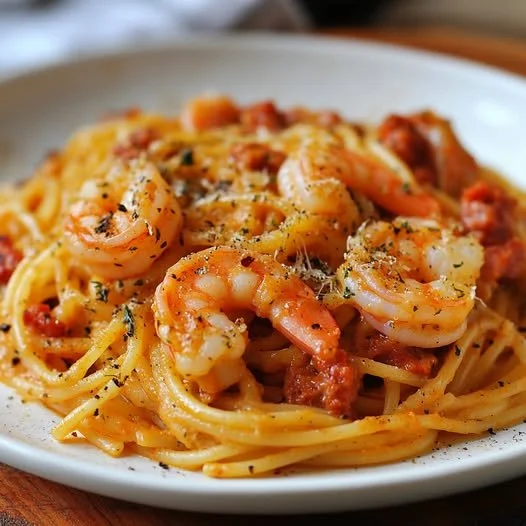 Piatto di Spaghetti con Chorizo e Gamberi servito con una fresca guarnizione