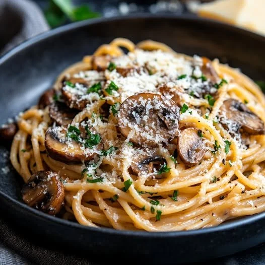 Spaghetti con Funghi e Formaggio Parmigiano, un piatto italiano delizioso.