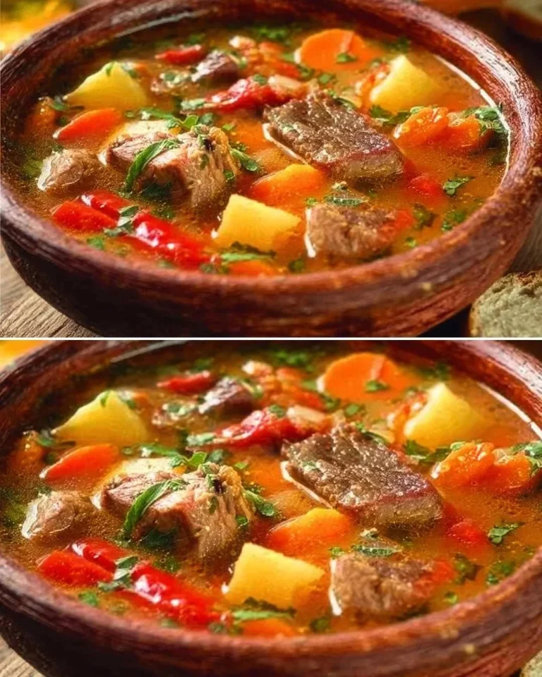 Piatto di Bograč Ungherese con carne e verdure in un grande recipiente di ghisa