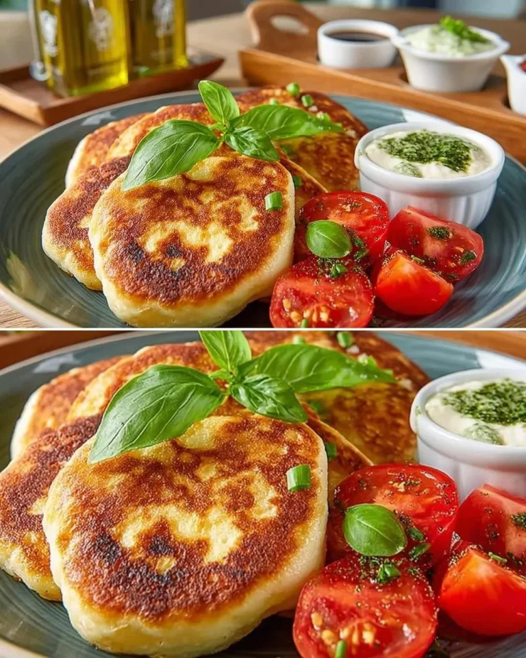 Syrniki di Formaggio Salato serviti con salsa e guarnizioni fresche