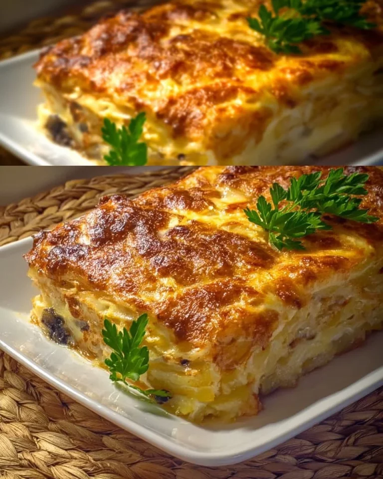 Torta di Patate con Melanzane, Prosciutto e Formaggio su un piatto gourmet
