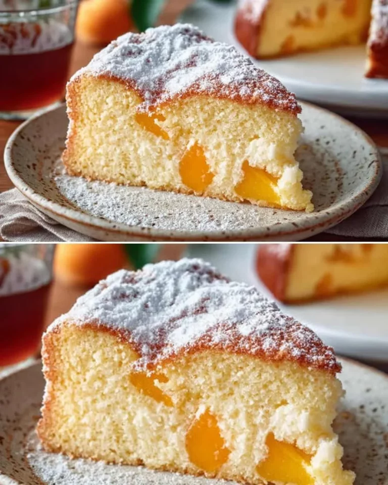Fetta di Torta di Pesche servita con una tazza di tè