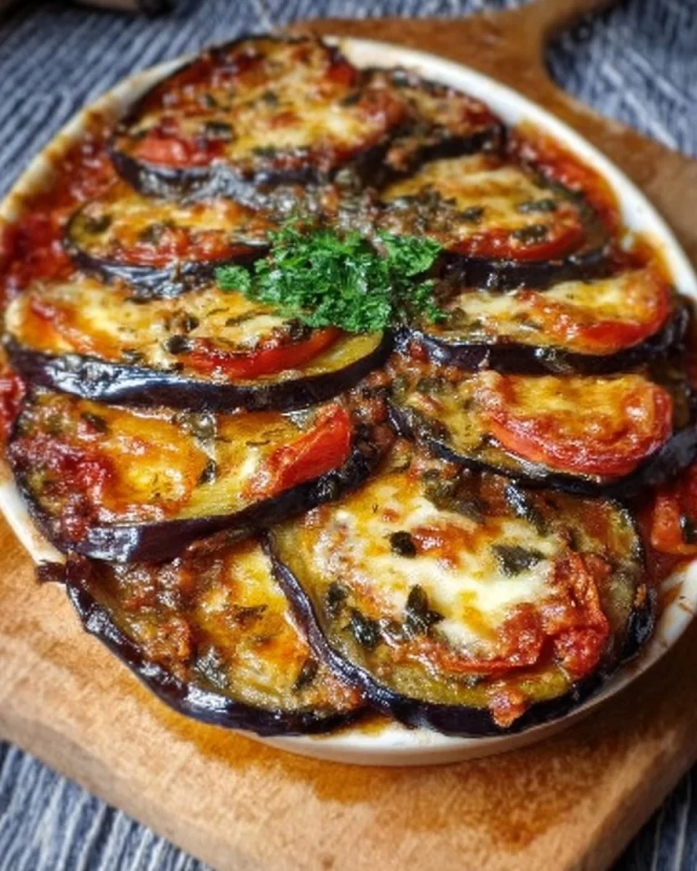 Piatto di melanzane al forno saporite e ben cotte, pronte da gustare