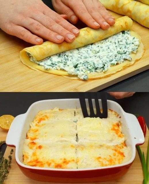 Pancake agli spinaci serviti su un piatto con guarnizioni fresche