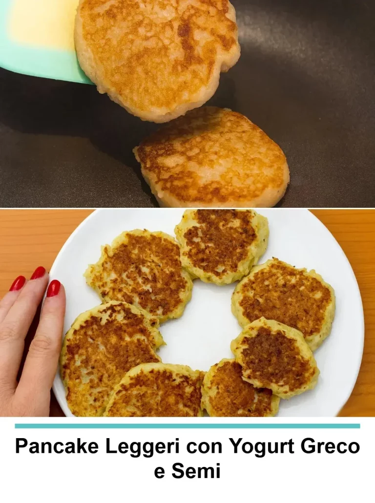 Pancake leggeri con yogurt greco e semi su un piatto