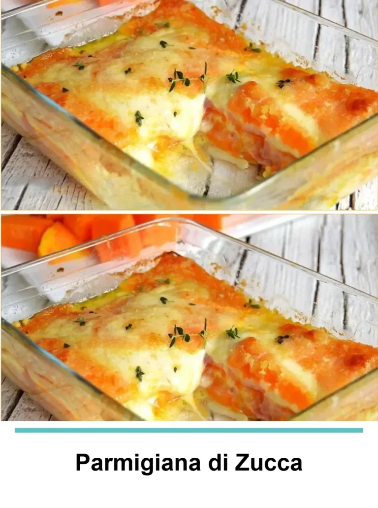 Porzione di Parmigiana di Zucca servita su un piatto con basilico fresco.