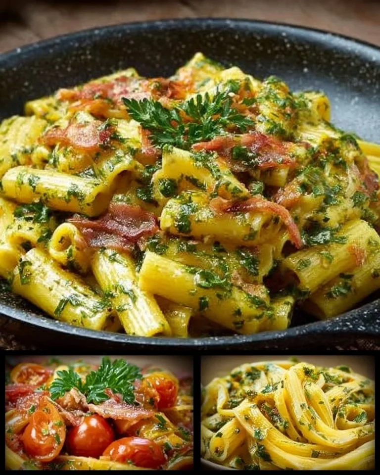 Pasta alla Pancetta e Pomodorini servita in un piatto elegante.