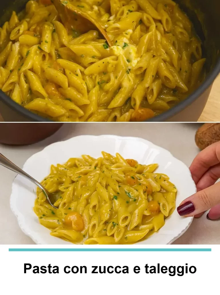 Pasta con zucca e taleggio servita in un piatto bianco
