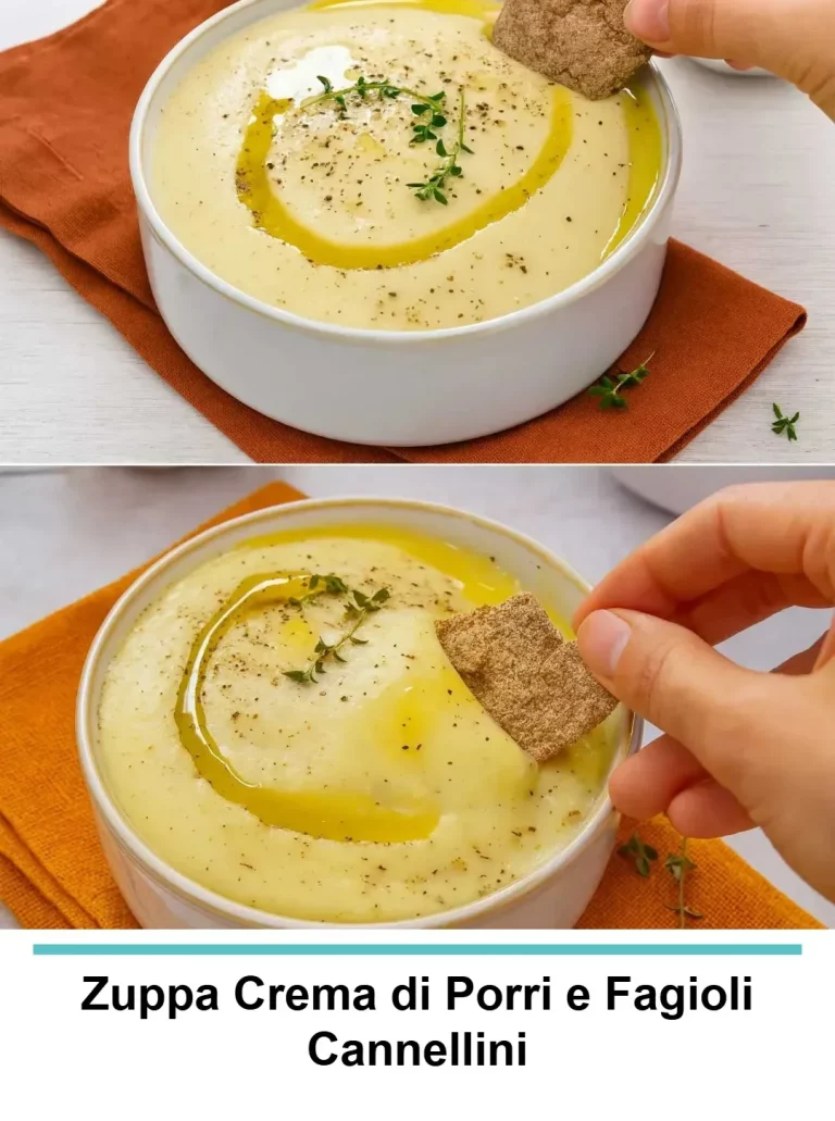 Zuppa crema di porri e fagioli cannellini servita in una ciotola