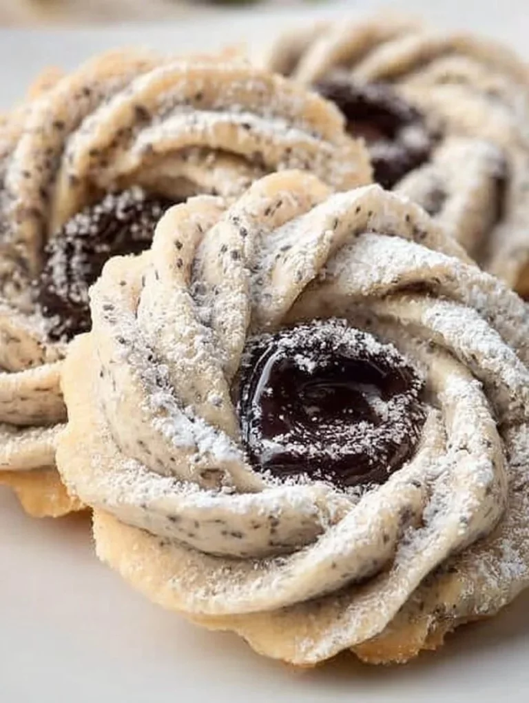 Biscotti a due piani con marmellata serviti su un piatto.