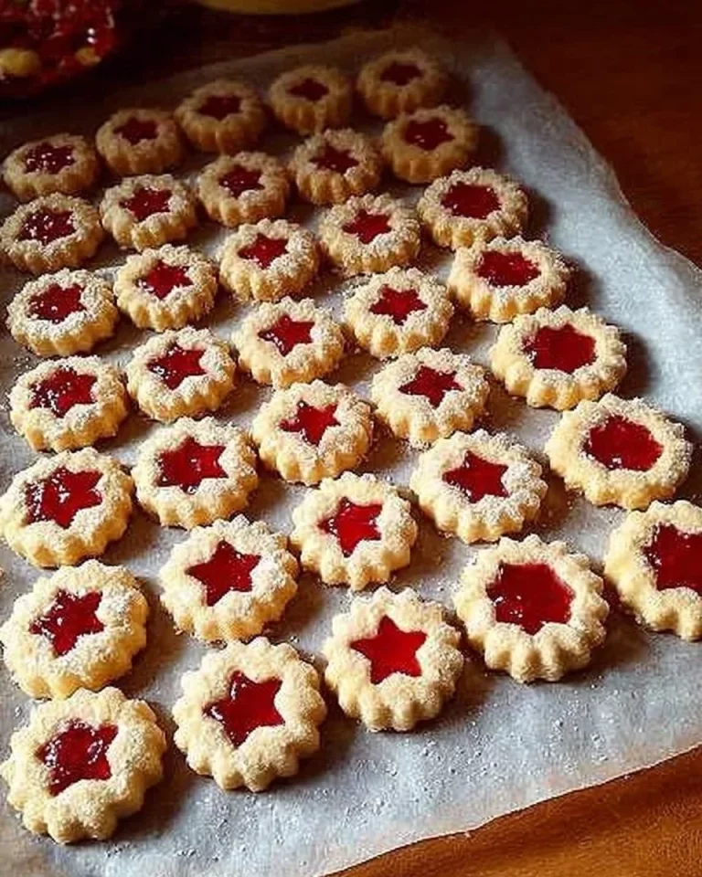 Biscotti Linzer della Nonna con ripieno di marmellata e decorazione di zucchero a velo