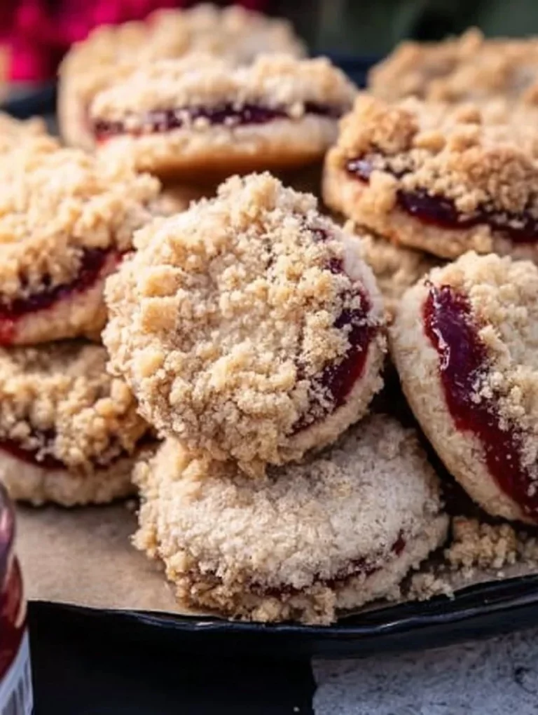 Biscotti streusel con marmellata su un piatto decorativo