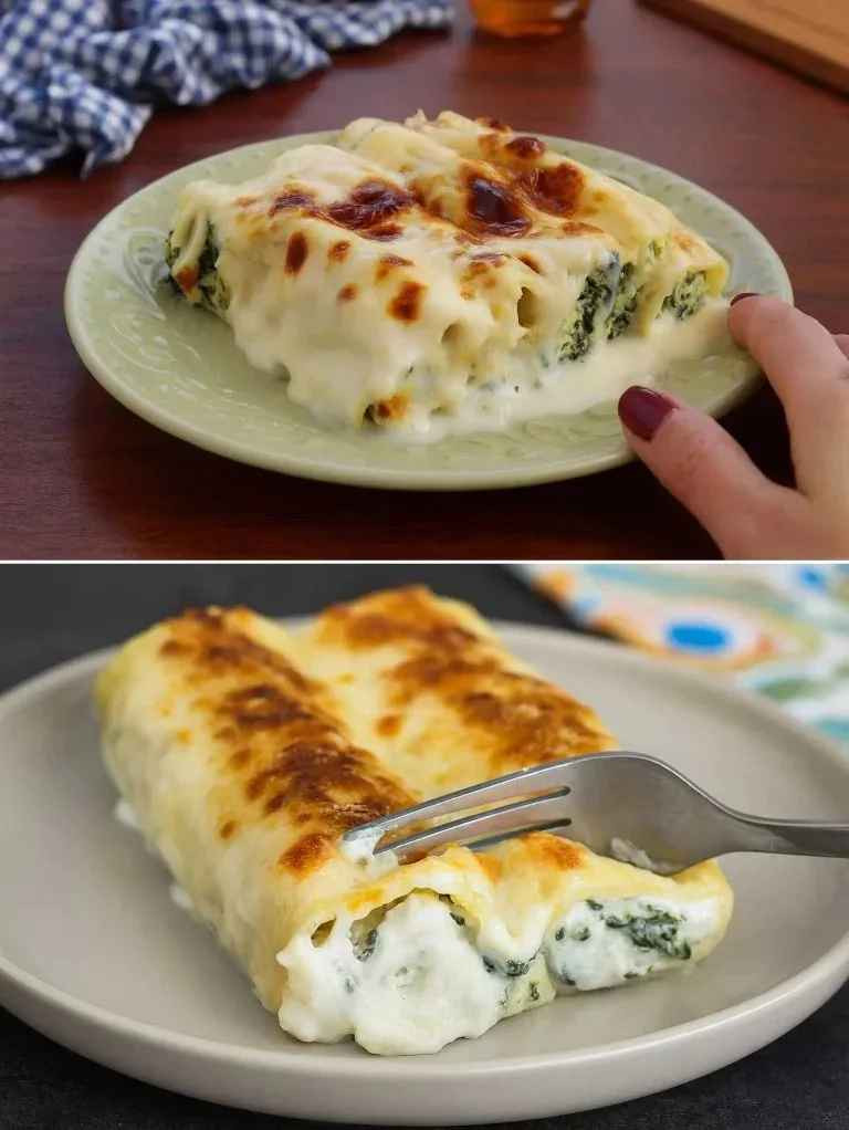 Cannelloni leggeri con ricotta e spinaci appena sfornati