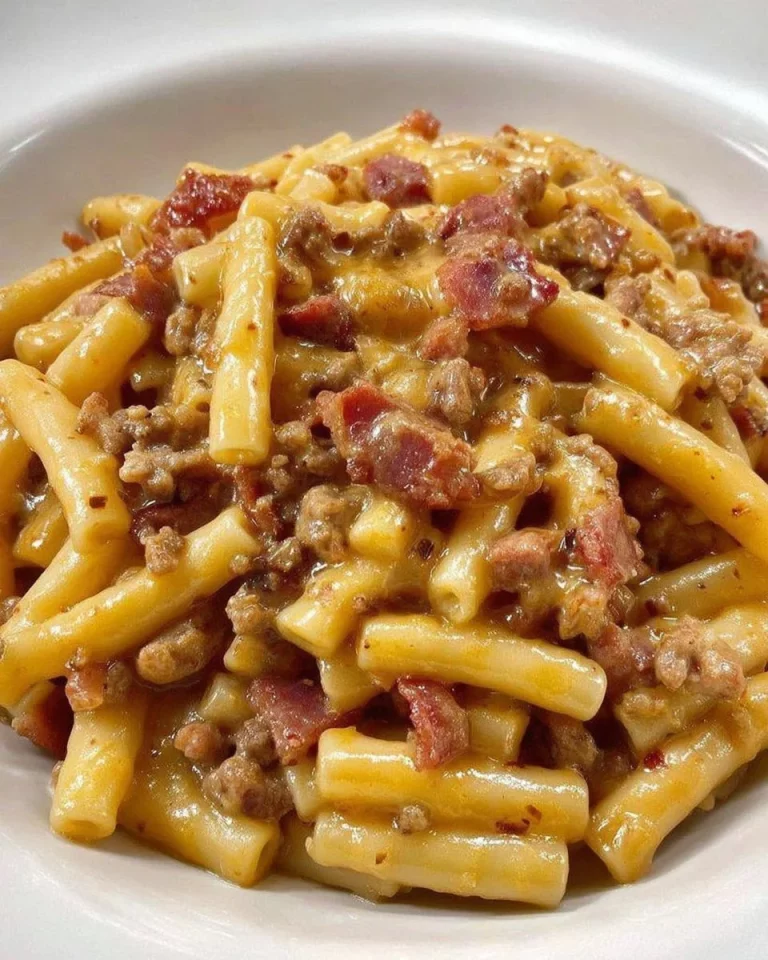 Caserecce con salsiccia, speck e formaggio in un piatto rustico.