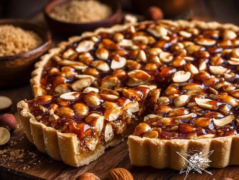 Crostata di frutta secca al caramello decorata con frutta fresca.