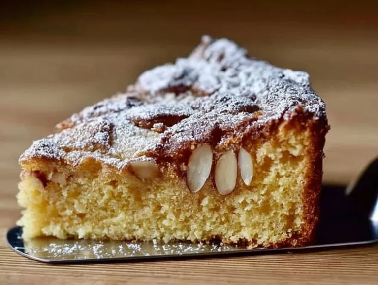Fetta di torta alle mandorle con decorazione di mandorle tostate