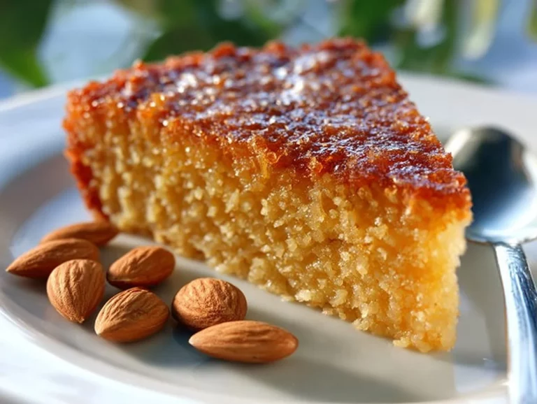 Torta di Mandorle e Carote appena sfornata su un piatto elegante.