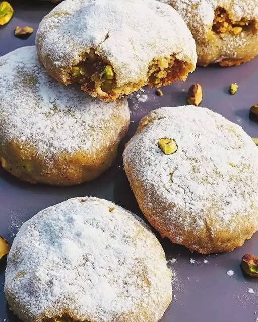 Biscotti al limone e pistacchi freschi su un piatto.
