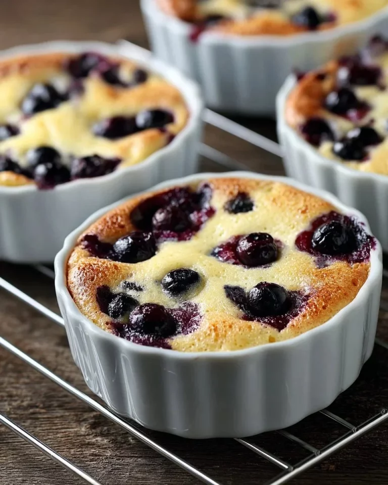 Clafoutis Limone e Mirtilli appena sfornato su un piatto decorativo.