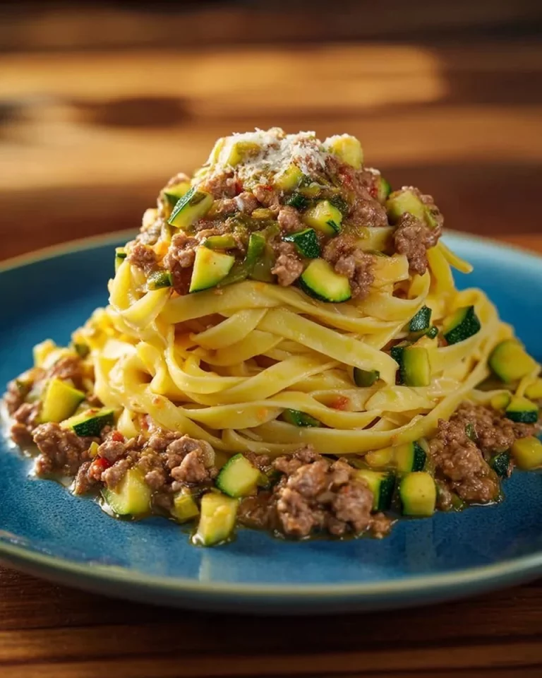 Fettuccine al ragù bianco con zucchine pronte da servire