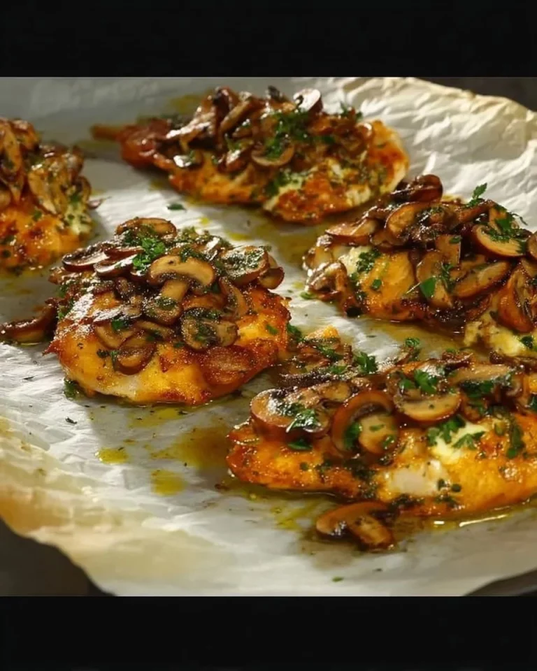 Filetti di pollo al forno con funghi e crema di formaggio serviti in un piatto