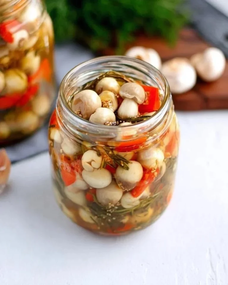 Deliziosi funghi sott'olio in un contenitore di vetro