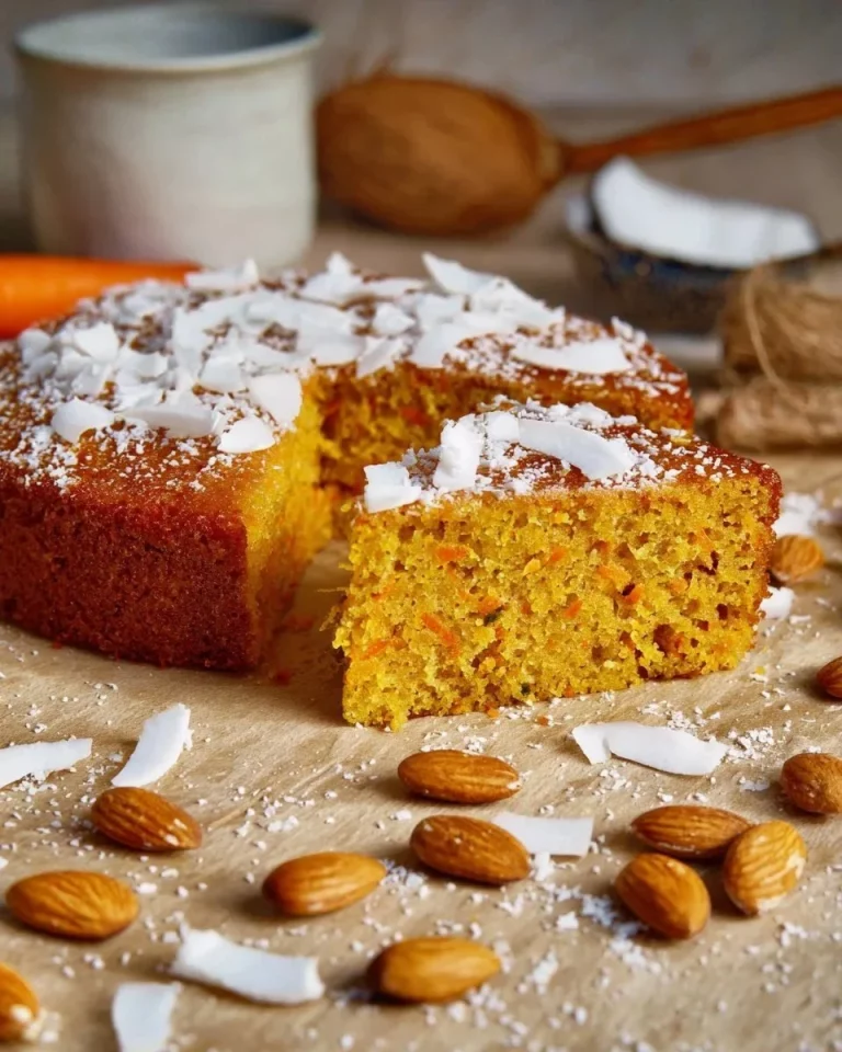 Fetta di torta di cocco, carota e mandorle su un piatto elegante