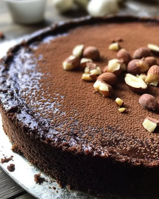 Torta di Nocciole e Cacao decorata con nocciole tostate