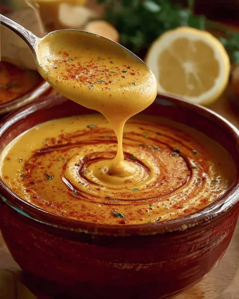 Zuppa di lenticchie rosse turca servita in una ciotola con erbe fresche