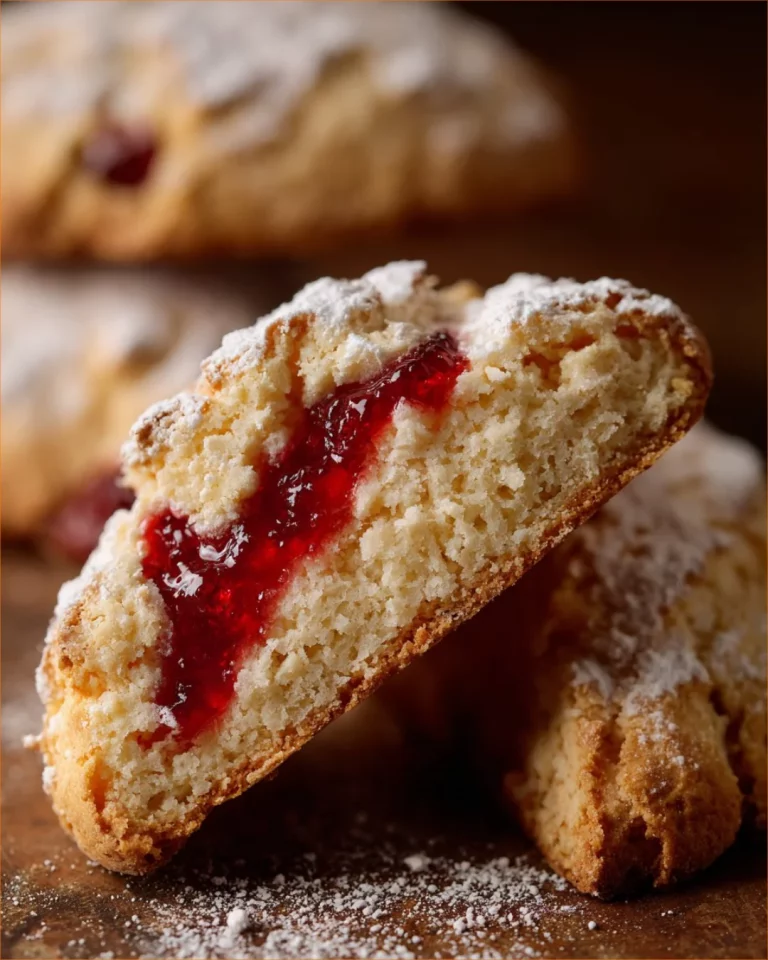 Biscotti morbidi con marmellata di amarena su un piatto decorativo