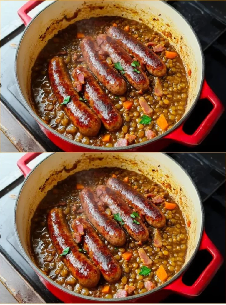 Piatto di lenticchie con salsicce di Montbéliard cucinate in modo appetitoso