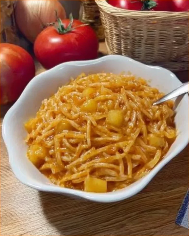 Minestra di Pasta con cipolla, pomodoro e patate servita in una ciotola