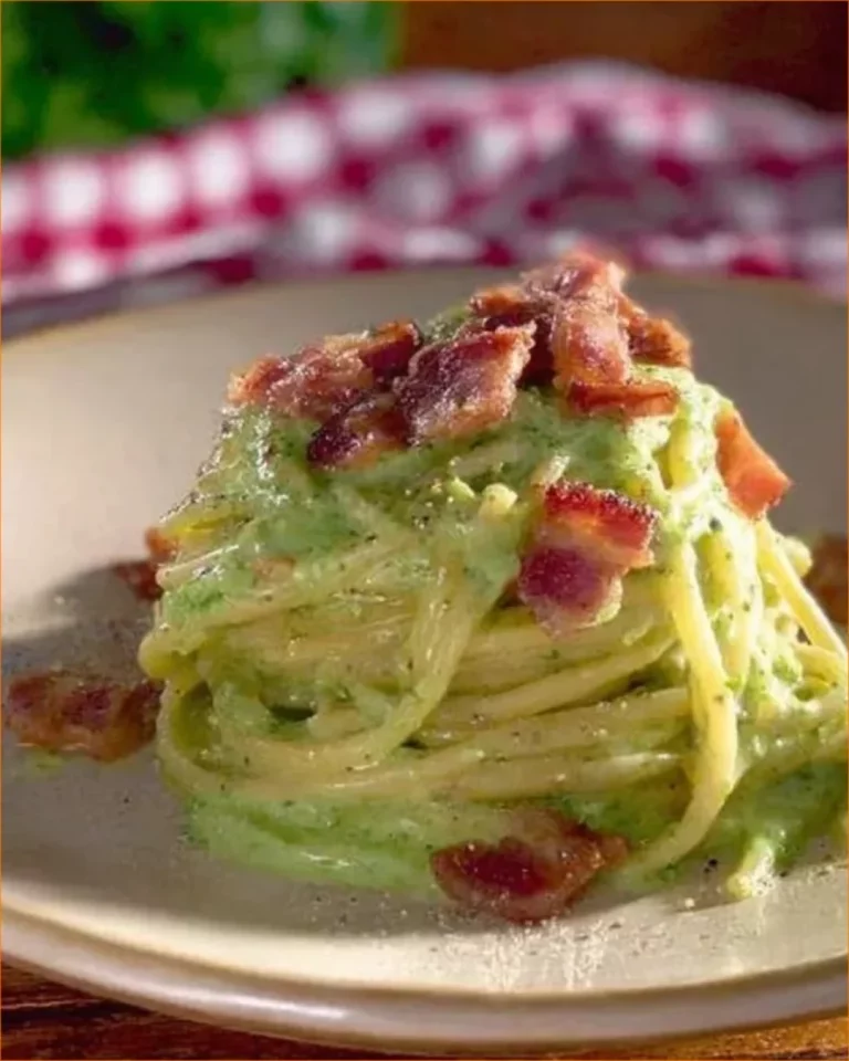 Pasta con broccoli e pesto di mandorle con pancetta dorata in un piatto gourmet.
