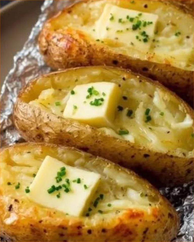 Patata al forno dorata e croccante servita in un piatto.