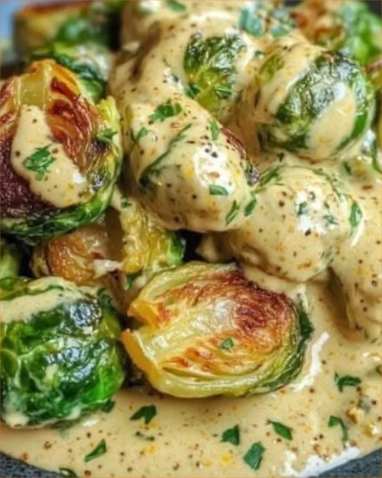Sprouts di Bruxelles in salsa di formaggio cremoso e senape serviti in un piatto