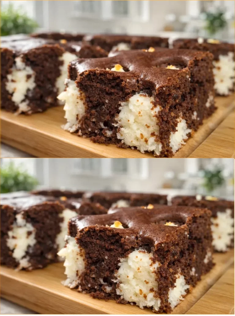 Torta Bounty al cocco e cioccolato servita in un piatto decorativo.