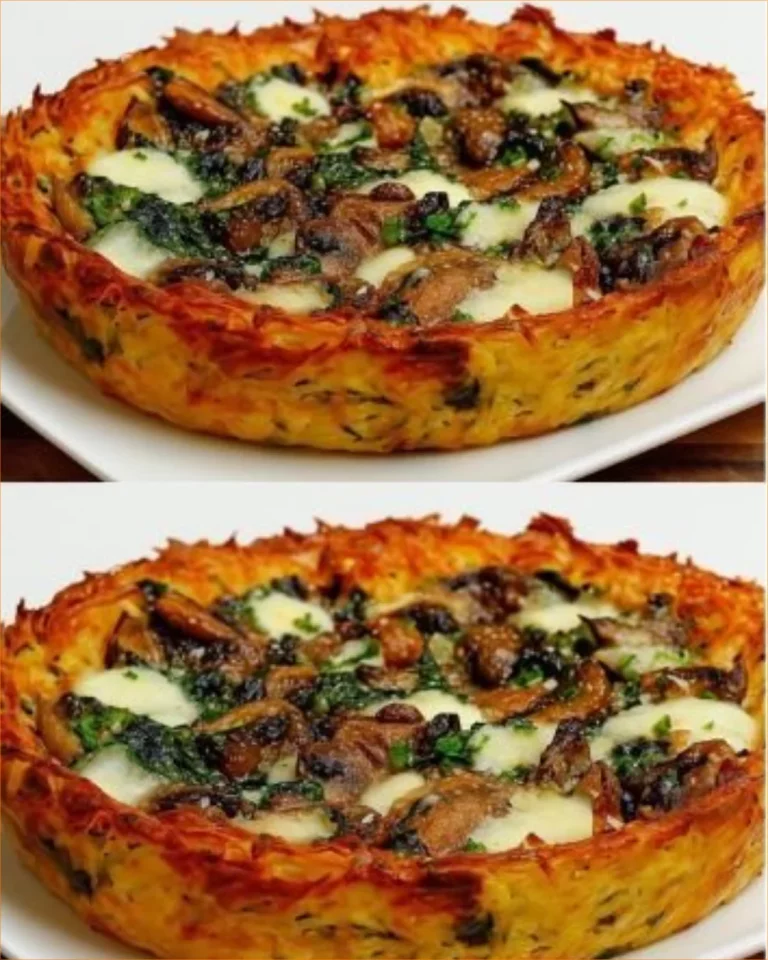 Torta di patate grattugiate croccante con spinaci e funghi
