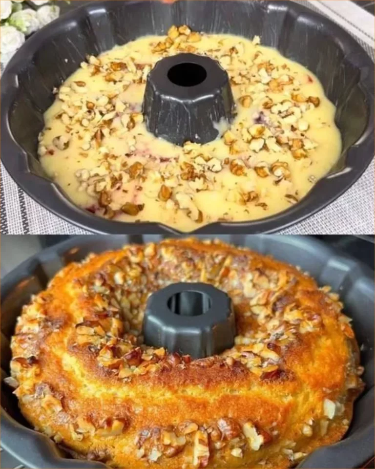 Torta dorata ripiena di noci e marmellata su un piatto decorato