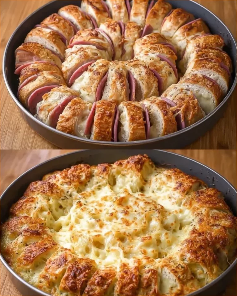 Torta salata con pane raffermo, prosciutto e formaggio scamorza appena sfornata